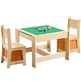 SUNHY Wooden Kids Table and Chair Set, 3 in 1 Activity Table with Storage Drawer, 2 in 1 Detachable Tabletop Construction Play Table Set for Drawing, Reading