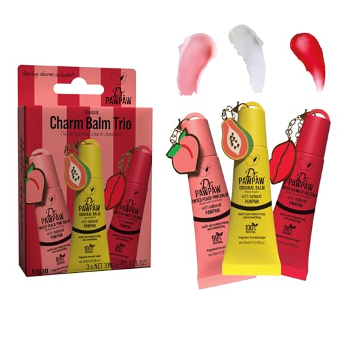 Dr.PAWPAW Charm Balm Original Peach and Red Trio 3 x 10ml Hydrating Tinted Lip Balm Set with Pawpaw Lightweight Vegan Lip Care for Soft Smooth Glossy Lips