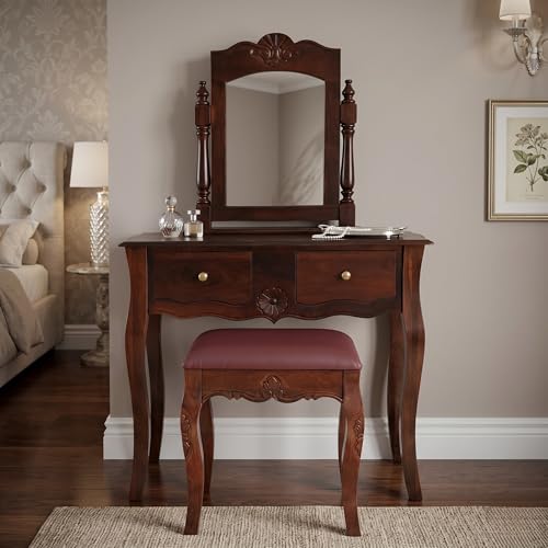 Image of APRODZ Solid Wood Dressing Table with Mirror Brown Vanity Table with Storage for Bedroom Living Room Pre-Assembled Home Furniture with Mirror Makeup & Accessories Storage Organizer with 2 Drawers