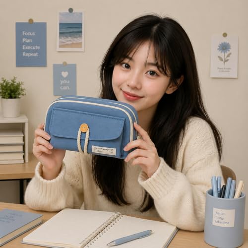 Image of Kawaii Cute Aesthetic Pencil Case for Girls & Boys | 3 Layer 6 Compartment Large Capacity Pencil Pouch with Zipper | Cartoon Stationery Organizer Bag for Students & Kids (Blue)