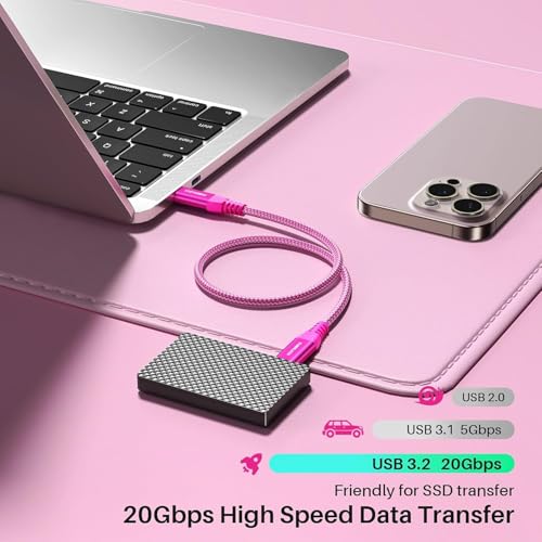 Image of ZeroneTeck USB C Monitor Cable [1ft, Pink], 20Gbps High-Speed Data Transfer, 4K@60Hz Display Video Output, USB 3.2 Gen 2x2 100W Charging for iPhone 17,MacBook,iPad,Dell,HP,KYY,ARZOPA,Portable Monitor