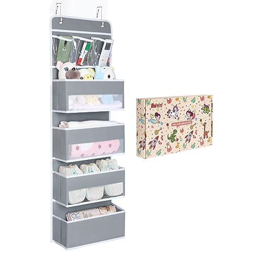 Image of Univivi Door Hanging Organizer Nursery Closet Cabinet Baby Storage with 4 Large Pockets and 3 Small PVC Pockets for Cosmetics, Toys and Sundries with Gift Box (Grey)
