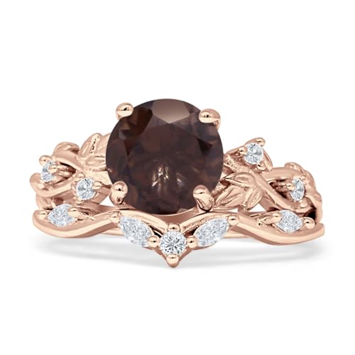 OMRANII Two Piece Round Shaped Natural Chocolate Smoky Quartz Art Deco Infinity Twisted leaf Design Marquise Bridal Set Wedding Engagement Ring 925 Sterling Silver - Main Image