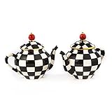 MACKENZIE-CHILDS Teapot Salt and Pepper Shaker Set, Ceramic Salt and Pepper Holders, Black-and-White Courtly Check