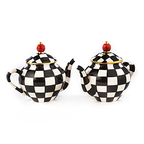 MACKENZIE-CHILDS Teapot Salt and Pepper Shaker Set, Ceramic Salt and Pepper Holders, Black-and-White Courtly Check