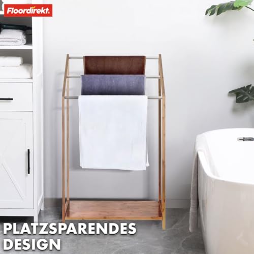 Floordirekt Ilinois - Toallero de bambú con 3 barras de acero inoxidable (31 x 51 x 85 cm), toallero de pie para baño con superficie de almacenamiento, ideal para espacios pequeños - imagen 7
