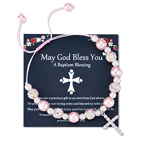 Jeka Baptism Gifts For Girls, Christian Easter Gifts For Girls, Pink Pearl Cross Bracelets Catholic Jewelry Baptism Favor Religious Gifts Christening Bautizo Gifts Bracelets For Girls #TOP13