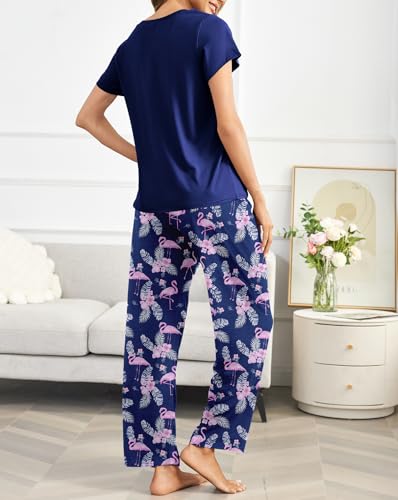 Image of Ekouaer Pajama Sets for Women Round Neck Pjs Short Sleeve Sleepwear with Long Pants Loose Lounge Sets