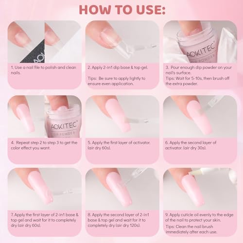 Aokitec Dipping Powder Nails Set - Rosa & Weiß Dip Powder mit 2-in-1 Dip-Base & Top Aktivator, Nageldesign Zubehör für DIY Nail Art, leicht zu tragen und zu verwenden, Nägel Selber Machen Set