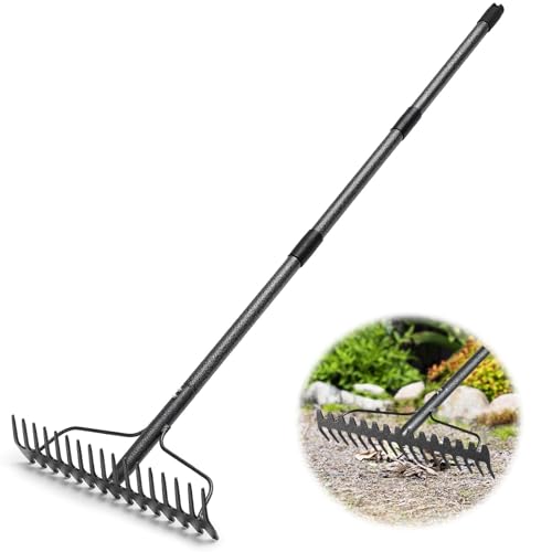 Starbover Bow Rake with 17 tines, Garden Rakes Metal Heavy Duty 123cm, Large Area Leaf Rake with Wide Head for Soil, Leaves & Gravel, Grey