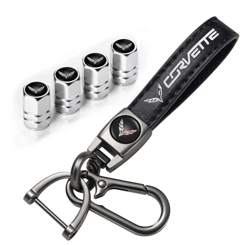 FRVON Car Tire Valve Stem Caps and Car Keychain Combo Replacement for Corvette C4 C6 C5 C7 C8 Z06 Keychain Key Ring for Men and Women Family Present