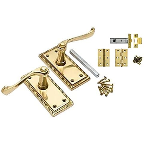Golden Grace Georgian Lever Latch Door Handle Polished Brass Finish 107mm x 48mm with Latches and Hinges Cover