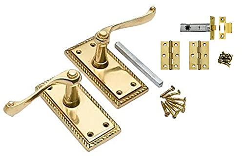 Golden Grace Georgian Lever Latch Door Handle Polished Brass Finish 107mm x 48mm with Latches and Hinges