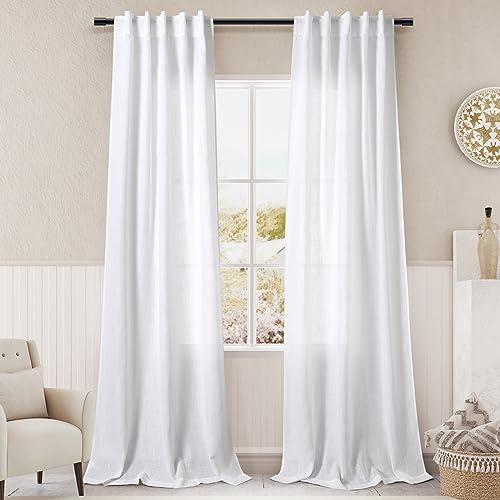 Image of White Linen Curtains38x84 inches Long for Living Room Back Tab Light Filtering Privacy Sheer Curtain Modern Farmhouse Coastal Decor Off White Cotton Textured Narrow Window Curtains 2 Panel Set