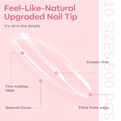 Foto von modelones Nageltips and Glue Gel Kit, 500 Pcs Full Cover Nail Tips Set, Nagelkleber & Primer für Gelnägel & Mini UV Licht Clipper, 10 Größen Medium Almond für Nagelverlängerung DIY Salon Geschenke