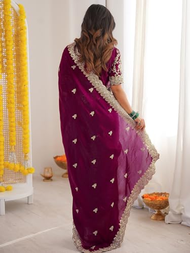 Image of SIRIL Women's Tissue Silk Sequence Embroidery Saree With Unstitched Blouse Piece