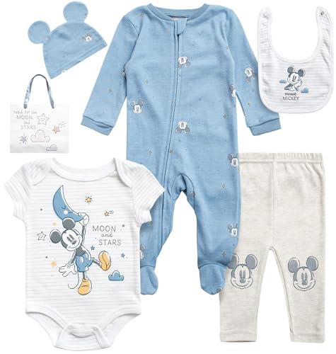 Image of Disney Newborn Baby Girl Boy Clothes - 7 Piece Mickey Mouse Winnie the Pooh Bib Onesie Overall Beanie Pants Gift Bag Gift Set