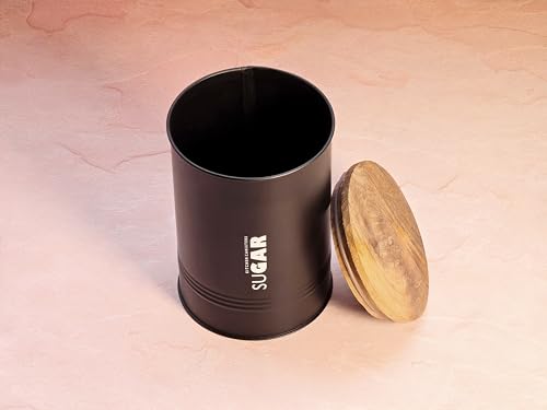 Image of JISCOVERY Airtight Tea, Coffee & Sugar Container Set of 3| Metal Storage Canister with Wooden Lid for Kitchen| Storage Box for Kitchen Counter Top| 1300 ML| Black