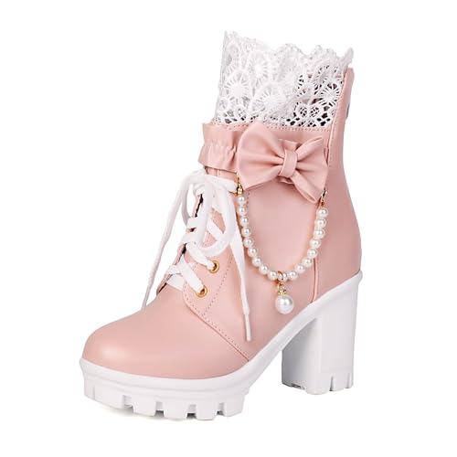 BEAUPAS Women's Platform Ankle Boots with Lace Pearl Chain Bow Chunky High Heel Goth Combat Boots