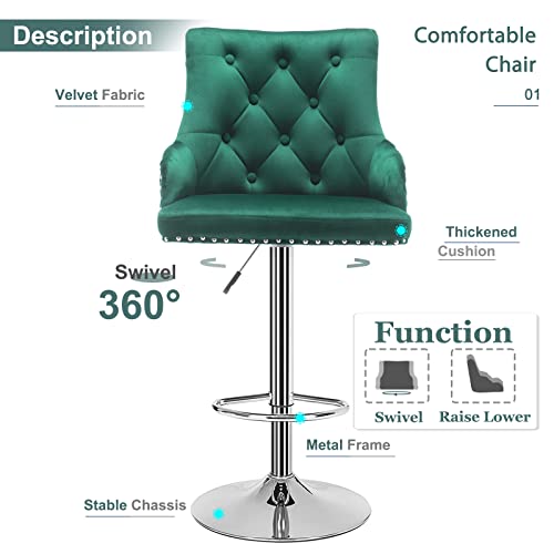 Bar Stool Set Of 2 Velvet Adjustable With Tufted Backrest, Counter Height Swivel Stool Upholstered Modern Barstool Chair Chrome Base For Kitchen, Home Bar, Dining Room, (Green) #TOP3