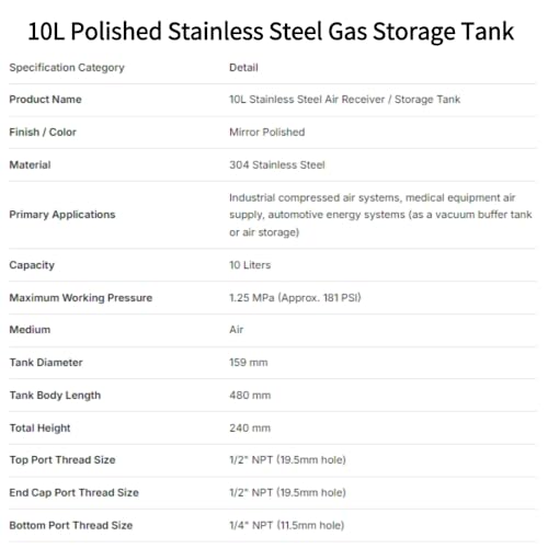 Image of Air Reservoir Tank 10L Portable 5 Port Compressed Air Storage for Workshop Garage 304 Stainless Steel Mirror Finish 2.1 Gallon Horizontal Pressure Tank 1.25MPa