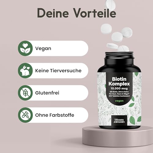 Biotin hochdosiert - 10.000 mcg - 400 Tabletten - Komplex mit Zink & Selen - Vegan & produziert in Deutschland - Verpackung kann variieren