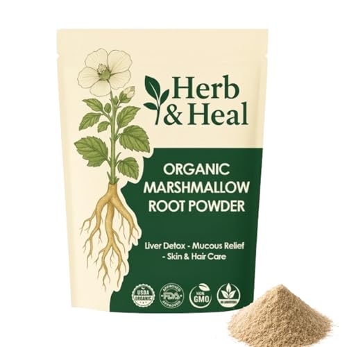 Herb & Heal Organic Marshmallow Root Powder | Althaea Officinalis Herb | Dried Marshmellow Root for Tea Hair & Skin DIY Remedies Digestive & Liver Support | Non-GMO Vegan (8 Ounce)