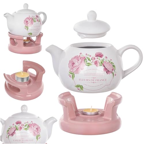 KADAX Teekanne 1L mit Stövchen Set Kaffeekanne aus Porzellan mit Deckel Griff und Teestövchen Kanne mit Teelicht Wärmer für Tee Teeservice (Rosa/Weiß)