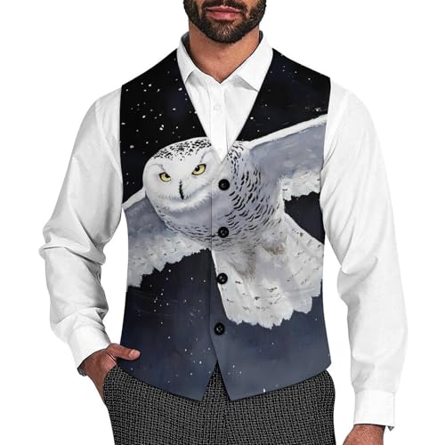 Flying Snowy Owl Trendy Vest Suit for Men V Neck Formal Dress Waistcoat Vests Business Slim Fit