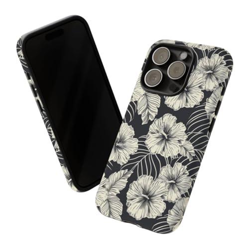 Coque iPhone 15 Pro noire matte à motif floral monochrome rigide - 2