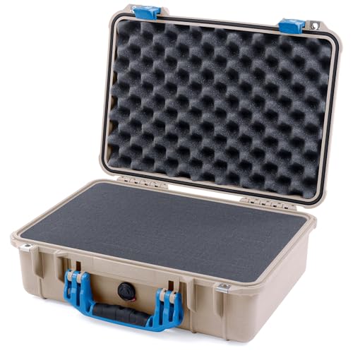 ColorCase Pelican 1500 Case Desert Tan - Medium Size Waterproof Case with Pick & Pluck Foam Set & Convoluted Lid Foam - Blue Handles & Latches