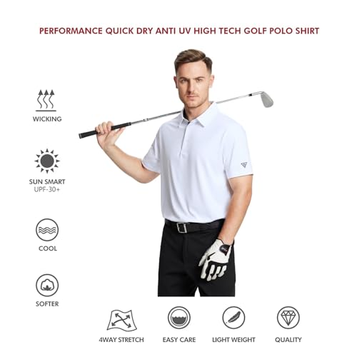 M MAELREG Golf Polo Shirts for Men Short Sleeve Performance Moisture Wicking Quick Dry Casual Collared Men’s Polo Shirts White - Image 5