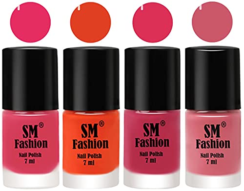 Image of Nail Polish Combo Set (Pack of 4) Quick Dry Gel Finish Nail Paint | Dark Rose Pink,Reddish Orange,Dusty Pink,Nude Pink | 7 ml Each