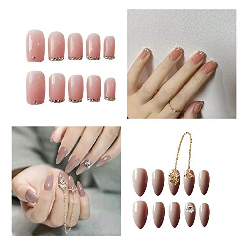 24 Pcs x 2 boxes Press on Nails Short - Coffin Nails & Stiletto Nails with Gold Chain & Glitter, Press Ons, Medium Length Acrylic Nails, False Nails with Designs(Brown, Pink)