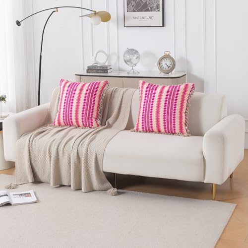 Image of HOKIPO 'Artisan Boho Series' Sofa Cushion Covers | 450 GSM Cotton Acrylic Jacquard | Tassel Design | 22x22 Inch (55x55 cm) | Pack of 2, Fucshia Pink (IN-906-A5*2)