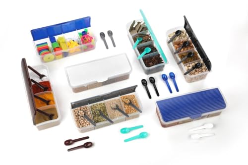 Image of Multipurpose 4 In 1 Masala Box for Kitchen, 4 Compartment Storage Container for Spices, Pickle, Dry Fruits,Grains, Snacks,1800 Ml Capacity with 4 Spoons (Black) (1)