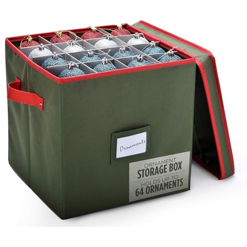 Handy Laundry Christmas Ornament Storage - Stores upto 64 Holiday Ornaments, Adjustable Dividers, Two Handles. Storage Box Keeps Holiday Decorations Clean and Dry for Next Season. (Green)