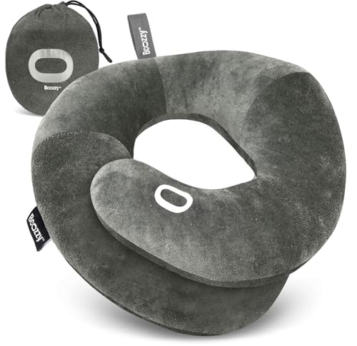 Image of BCOZZY Organic Cotton Double Support Neck Pillow for Travel - 3 Ergonomic Positions for Head, Neck, and Chin Comfort - Ideal for Sleeping Upright on Flights, Cars, and at Home - Large, Gray