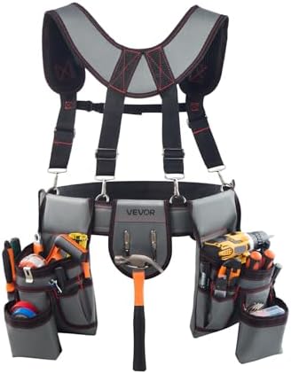VEVOR Tool Belt, 22 Pockets Tool Pouch with Suspenders for Men, Heavy Duty Adjustable Utility Belt Bag Suspenders for Electrician, Carpenter, Construction, Work Apron Organizer Waist Adjust 32 to 68in