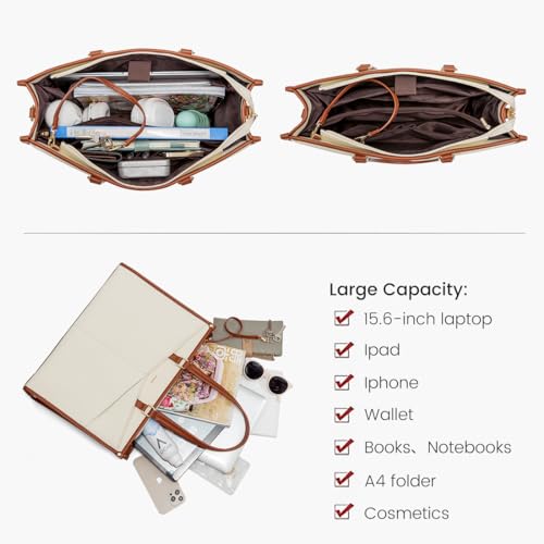 LOVEVOOK Laptop Bag for Women, 15.6 inch Laptop Tote Work Bag Cancas Casual Handbag for Travel Lightweight Shoulder Bags, Brown Beige3