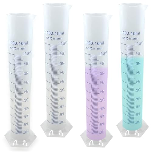 Nexboraque 4 Pack 1000ml Plastic Graduated Cylinder, Printed and Molded Graduations Lab Cylinders with Stable Base, Clear Measuring Cylinder for Science Projects, Laboratory Supplies
