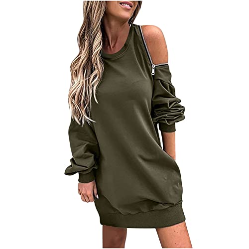 GOODTRADE8 Christmas Dresses for Women Fall Winter Casual Off-Shoulder Long-Sleeved Shoulder Zipper Solid Color Dress Army Green