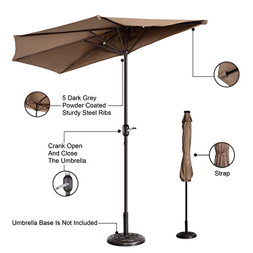 Image of Half Patio Umbrella - 9ft Outdoor Patio Canopy with Easy Hand Crank - Condo, Townhouse, or Balcony Furniture by Villacera (Brown)