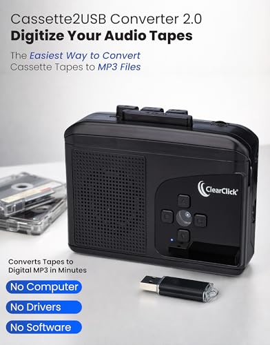 ClearClick Cassette Tape to USB 2.0 (Second Generation) - Convert Cassette Tapes to Digital MP3 Audio Files on USB Flash Drive - File Splitting Feature - Instant Setup - No Computer Required