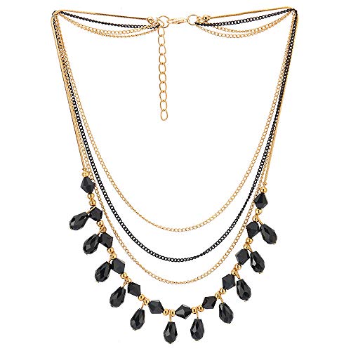 COOLSTEELANDBEYOND Black Gold Prom Choker Collar Necklace Waterfall Multi-Strand Chains Teardrop Crystal Beads Pendant