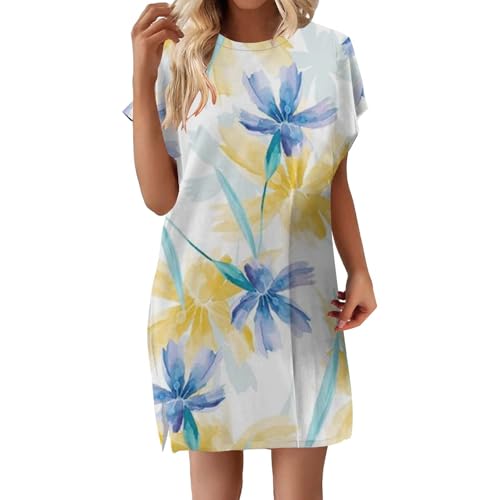 Vestido de verano de manga corta para mujer, casual, holgado, con abertura, vestido de playa, túnica para mujer, vestidos de otoño, Azul claro #10, L