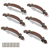 Seimneire 6pcs Surface Leather Furniture Handle, 6.3' Retro Style Leather Handle Pull Handle for Drawer/Cabinet/PU Suitcase - Brown