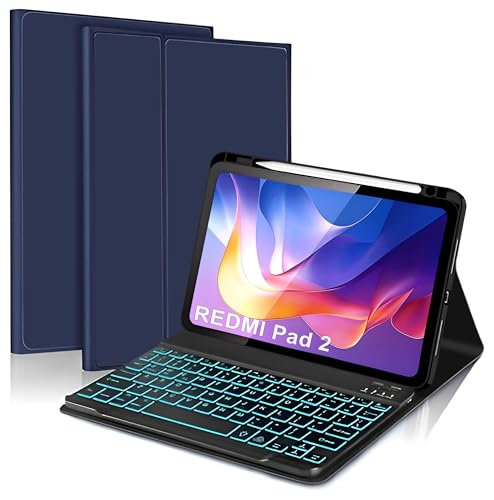Image of ProElite Keyboard case for Xiaomi Redmi Pad 2 11 inch, Magnetic Detachable Wireless Bluetooth Keyboard Built-in 7-Colors Backlit with Pen Holder, Dark Blue
