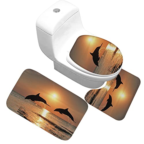 GRGFG Badematten Set,Badematten Teppich-Set 3-Teilig Sunset Delphin 3D-Druck rutschfeste Badematten Weiche Mikrofaser…