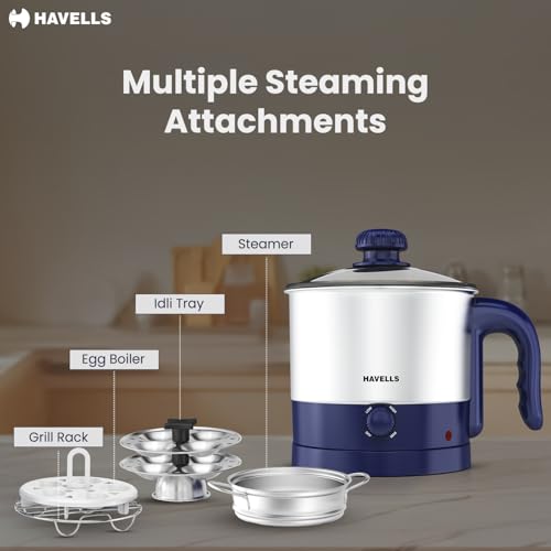 Image of Havells Steamor Multicook Kettle | 1.2 L Capacity | Food Grade Body with Cool Touch Handle | Multiple Steaming Attachments | Double Safety Protection | 3 Temperature Modes(Blue)